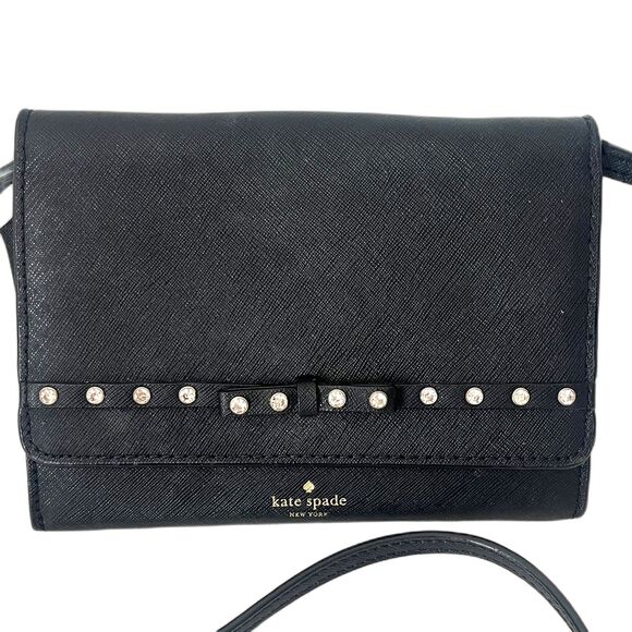 Kate Spade Laurel Way Jeweled Crossbody Bag Black Bow and Crystals Card Slots - Picture 4 of 10
